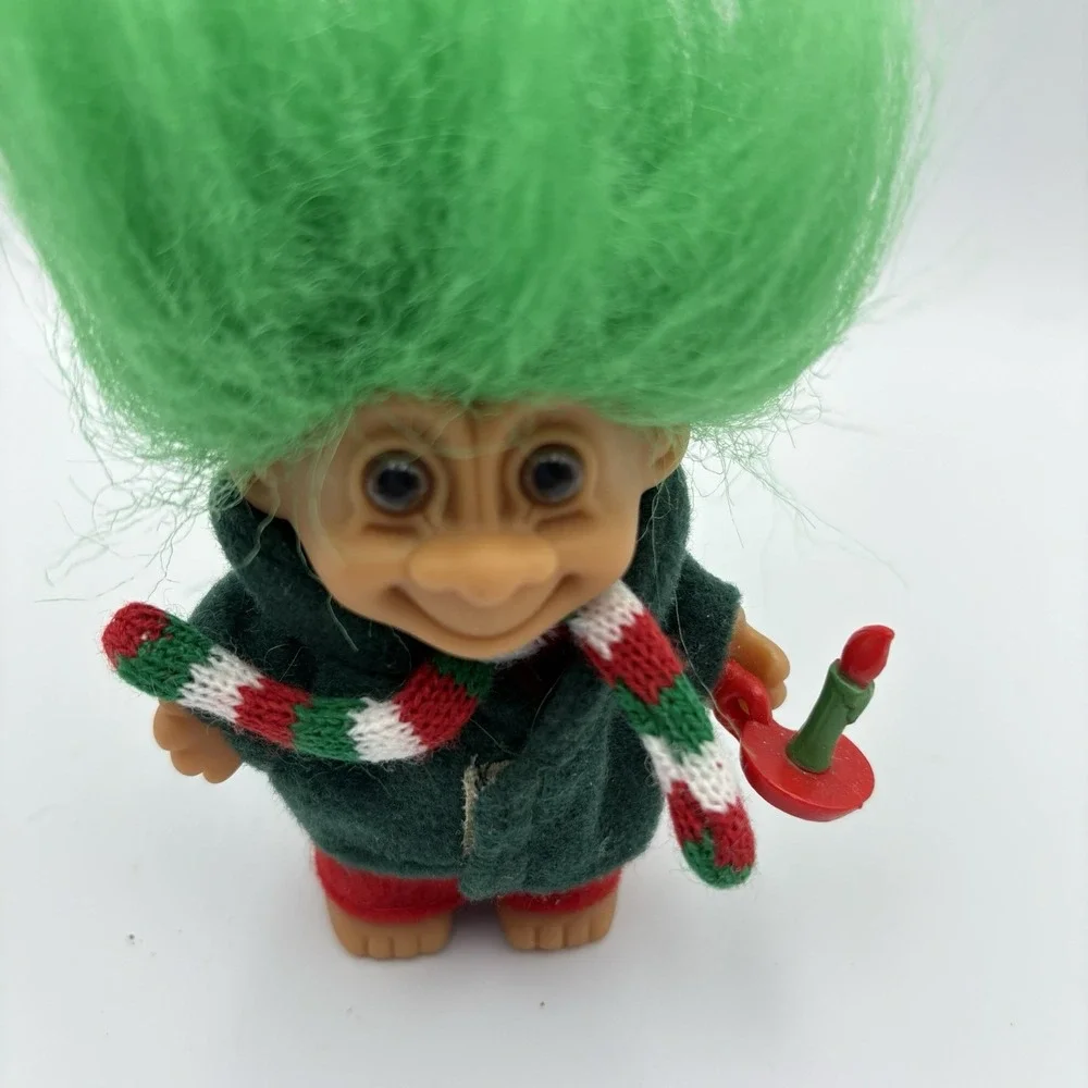 Vintage Christmas Caroler Elf Lucky Troll Doll by Russ Green Hair & Candlestick